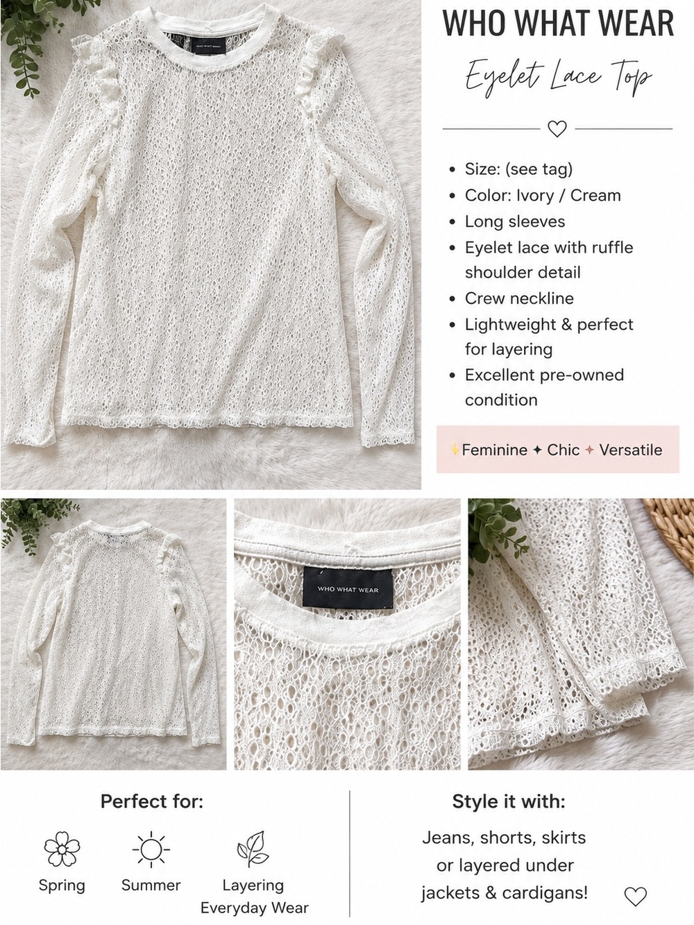 Who What Wear White Lace Long-Sleeve Ruffle Shoulder Top